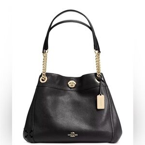 Sophisticated Coach Black Shoulder Bag with Gold Chain Straps
